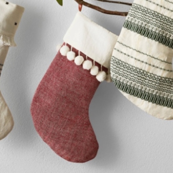 HEARTH & HAND MAGNOLIA HOME LOT OF THREE STOCKINGS MAROON POM POM 2019 FARMHOUSE - Picture 1 of 5